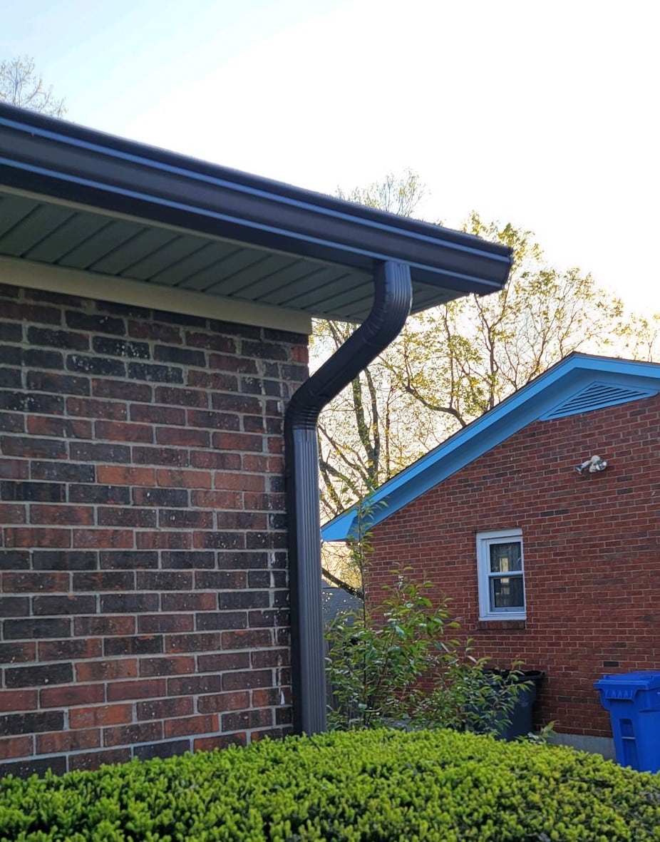 Dark gutters on home next to a home with a blue trim